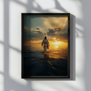 Jesus wall art showing the picture of Jesus walking on the water, the sunset on the horizon