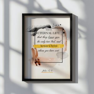 biblical wall art with a passage from John written in a decorative font on the white backgorund with a black frame