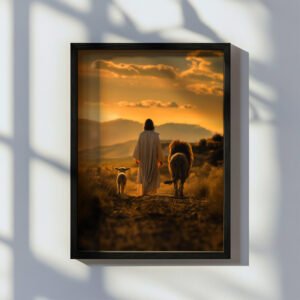 Christian wall art presenting the lamb, Jesus, and the lion walking side by side on the sandy path