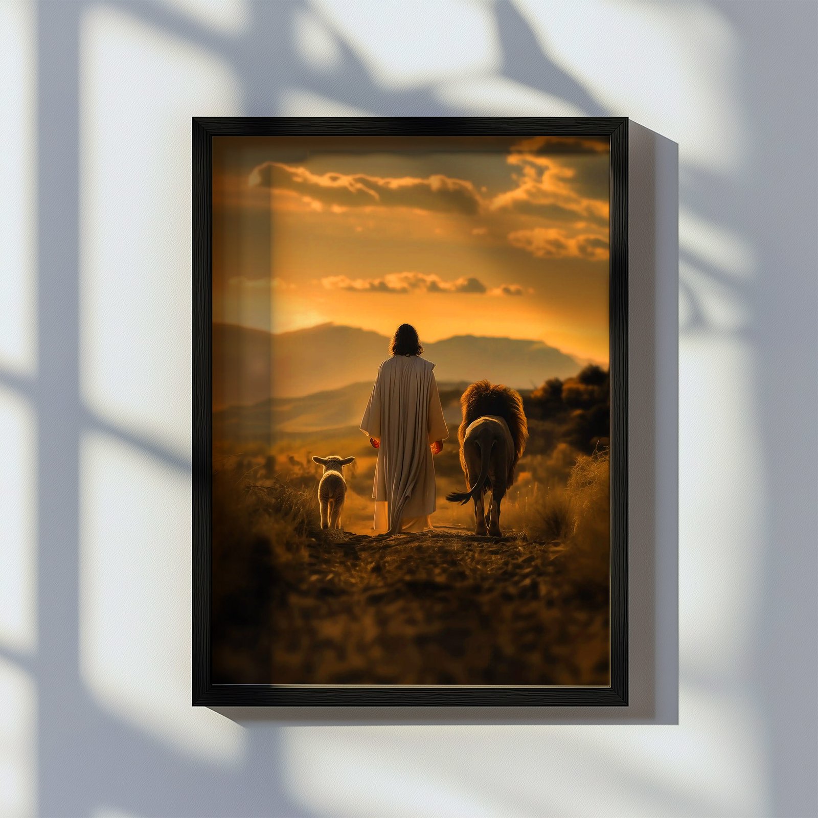 Christian wall art presenting the lamb, Jesus, and the lion walking side by side on the sandy path