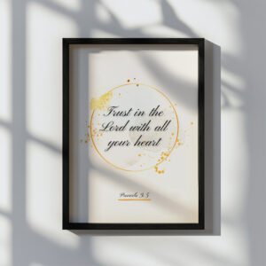 faith wall art with a Bible passage surrounded by gold glitter on the white background