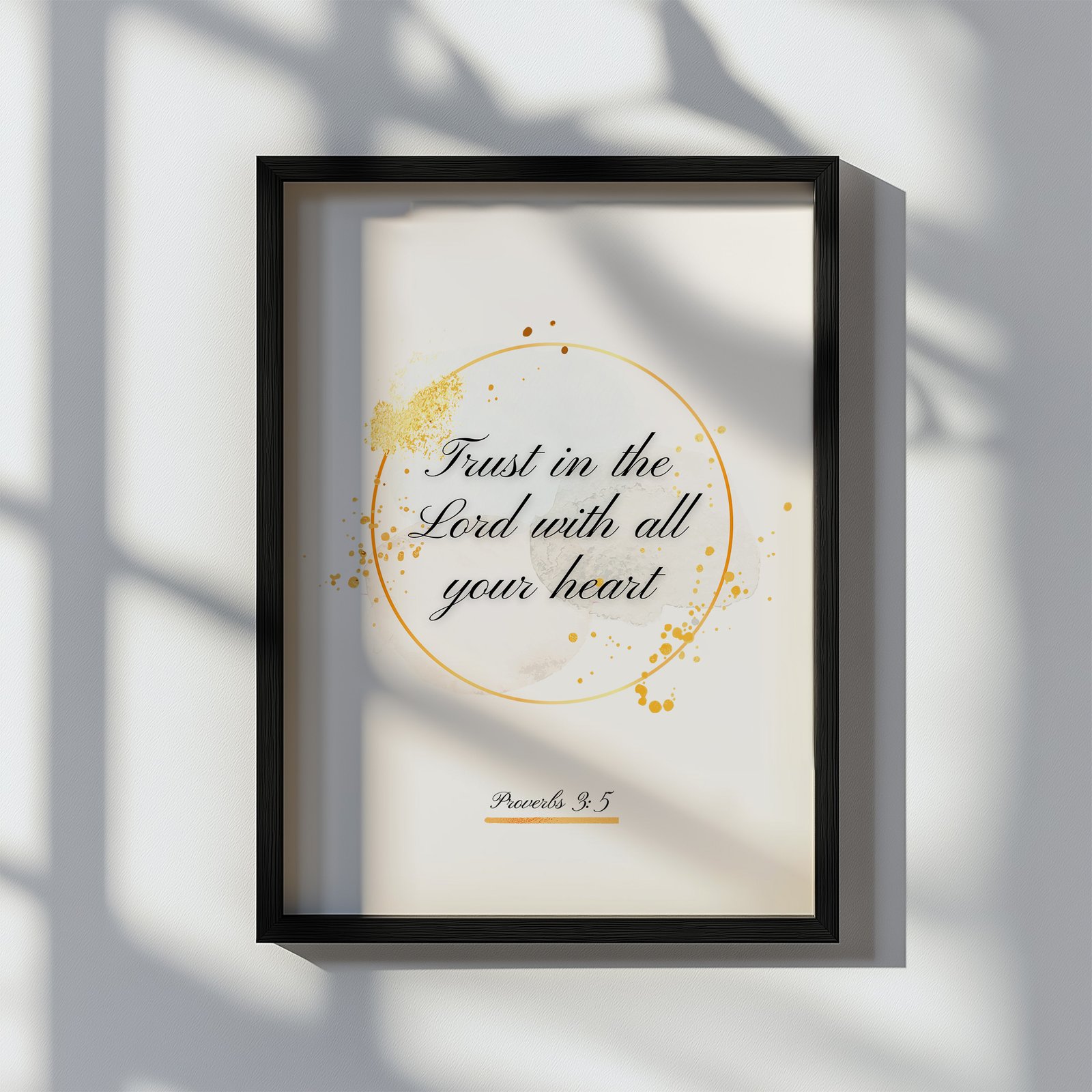 faith wall art with a Bible passage surrounded by gold glitter on the white background