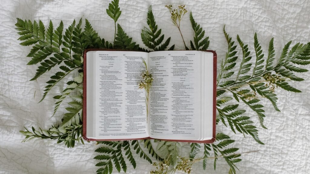 opened Bible surrounded by palm leaves on the white table