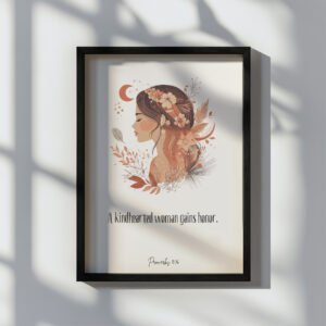 Proverbs 31 wall art presenting a woman with brown hair and a flower crown, in a black frame
