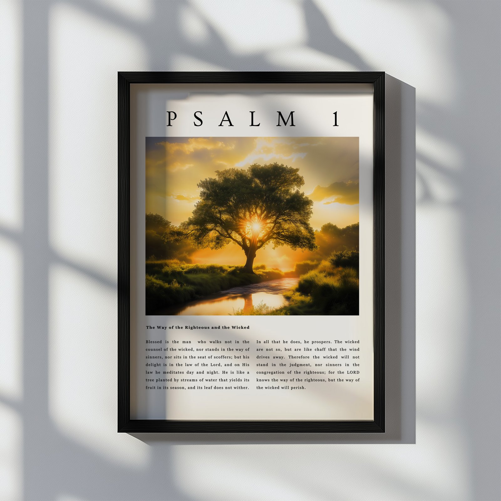 Psalms wall art with pslam 1 passage and a picture of a tree in a black frame