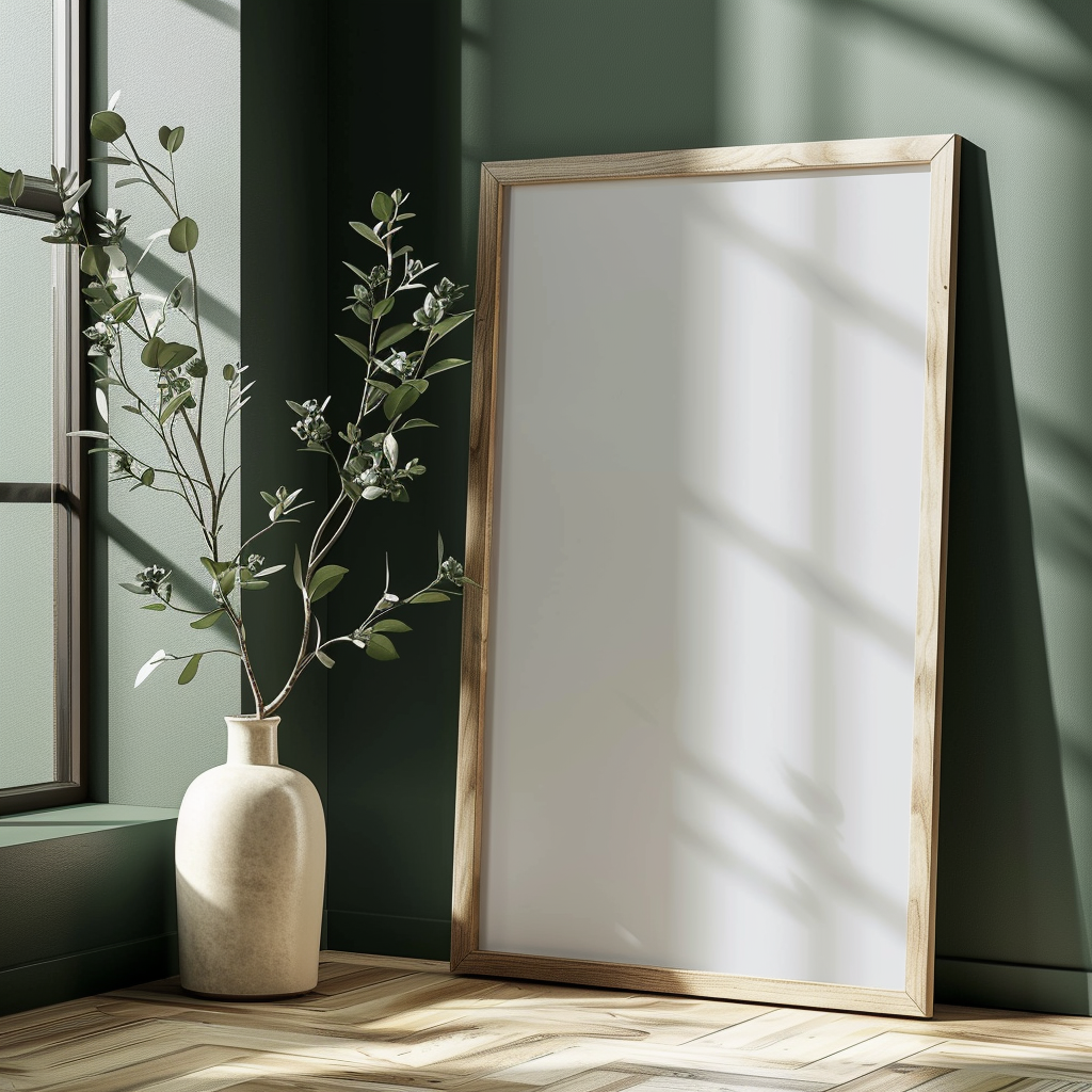 A minimalist scene featuring a wooden-framed blank poster leaning against a green wall,