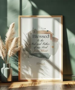 front view of Blessed in faith wall art in a dark green room