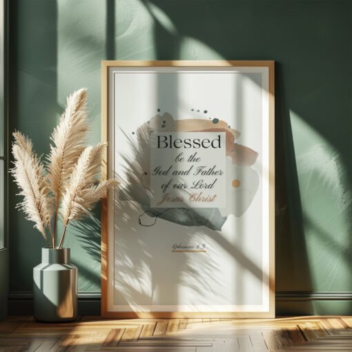 front view of Blessed in faith wall art in a dark green room