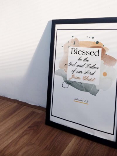 side view of Blessed in faith wall art in a white corridor