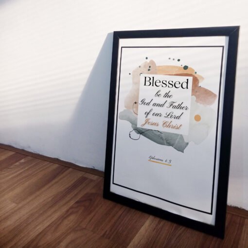 side view of Blessed in faith wall art in a white corridor