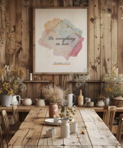 Do Everything in Love Wall Art hung in the kitchen with wooden table