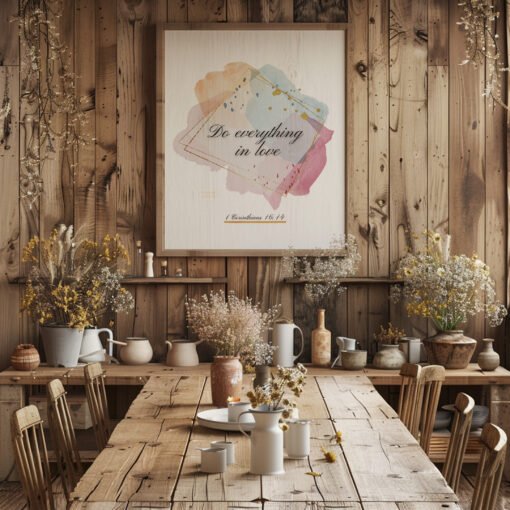 Do Everything in Love Wall Art hung in the kitchen with wooden table