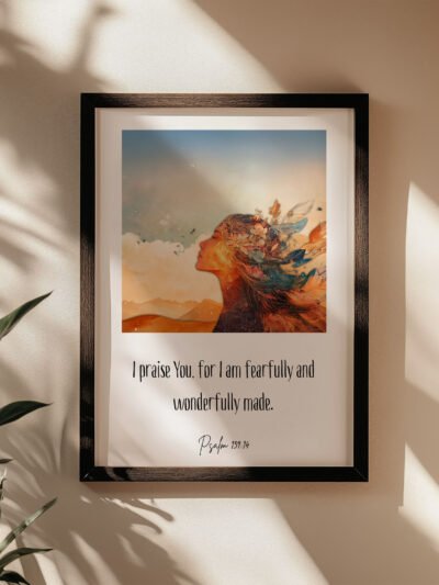 Fearfully and Wonderfully Made Design in a black frame on the beige wall