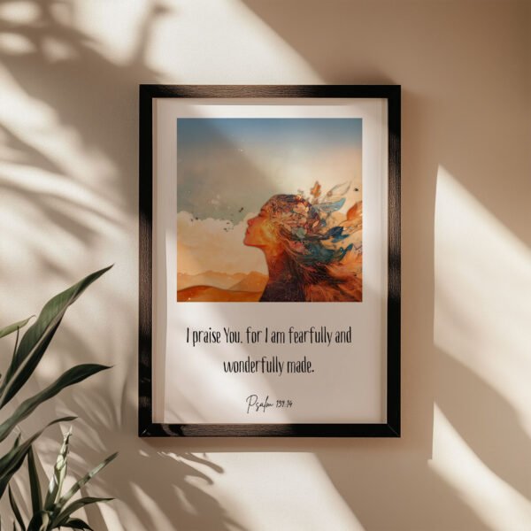 Fearfully and Wonderfully Made Design in a black frame on the beige wall