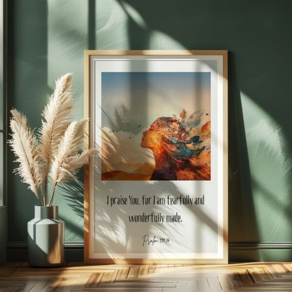 Fearfully and Wonderfully Made Design leaning on the wall in a dark green living room