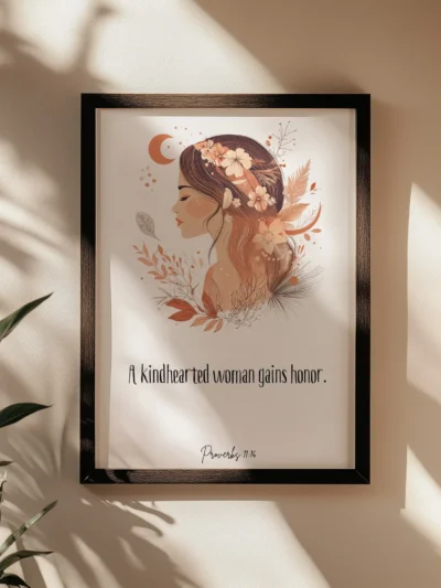 Feminine Proverbs 31 Wall Art on the beige wall next to a palm