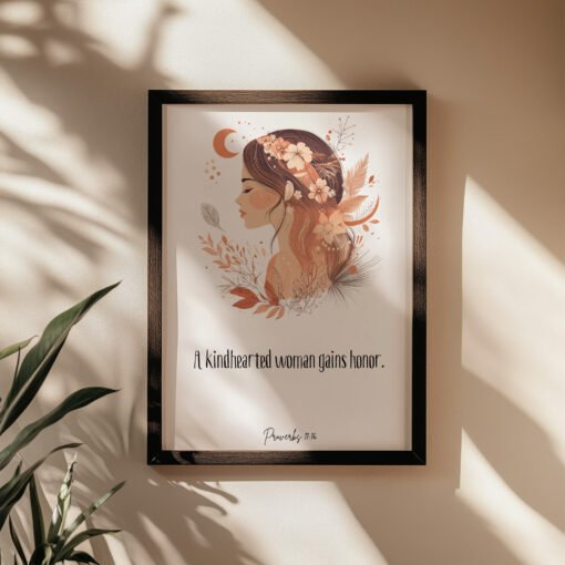 Feminine Proverbs 31 Wall Art on the beige wall next to a palm