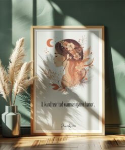 Feminine Proverbs 31 Wall Art in a dark green room next to vase with flowers