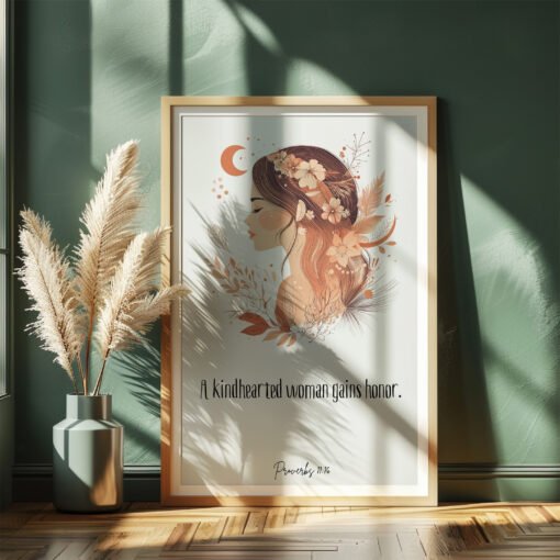 Feminine Proverbs 31 Wall Art in a dark green room next to vase with flowers