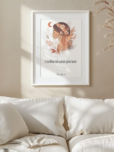 Feminine Proverbs 31 Wall Art hanging above a white sofa, brown plants next to it