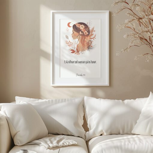 Feminine Proverbs 31 Wall Art hanging above a white sofa, brown plants next to it