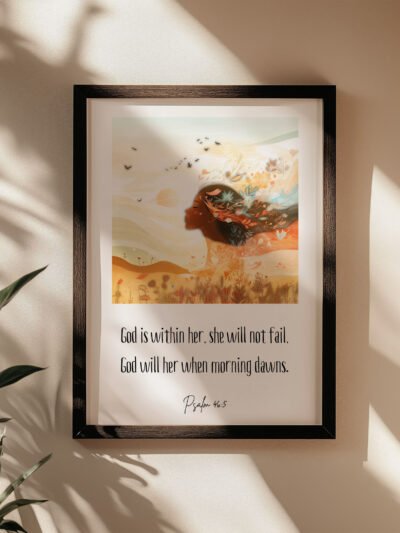 Feminine Psalm Wall Art on the beige wall, next to a palm tree