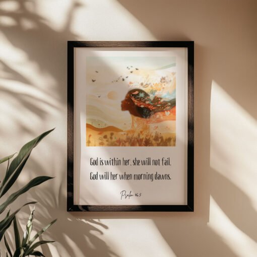 Feminine Psalm Wall Art on the beige wall, next to a palm tree