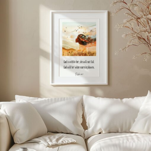 Feminine Psalm Wall Art hung on the white wall above a white sofa
