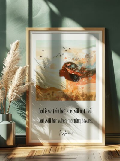 Feminine Psalm Wall Art leaning on dark green wall