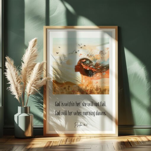 Feminine Psalm Wall Art leaning on dark green wall