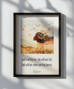 Feminine Psalm Wall Art in a black frame on the white wall