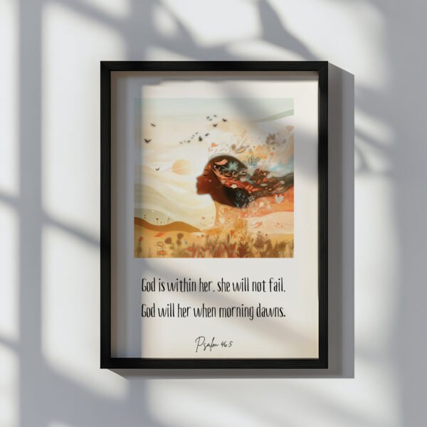 Feminine Psalm Wall Art in a black frame on the white wall