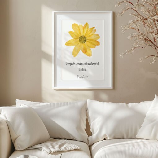 floral proverbs 31 wall art in a white frame in a white and beige living room