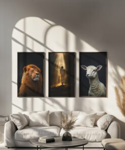 Jesus the Lion and the Lamb Wall Art in a modern white living room, hung above a white sofa