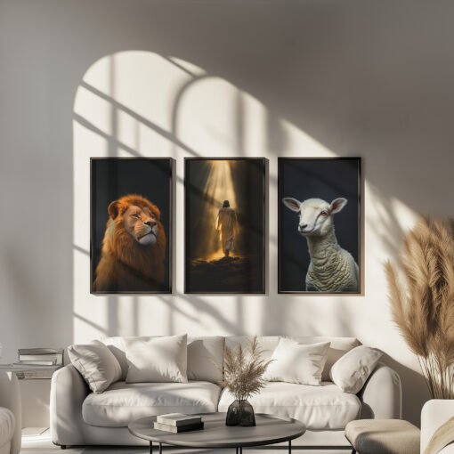 Jesus the Lion and the Lamb Wall Art in a modern white living room, hung above a white sofa