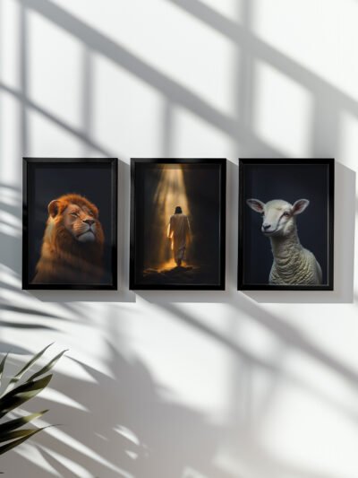 Jesus the Lion and the Lamb Wall Art hung on the white wall