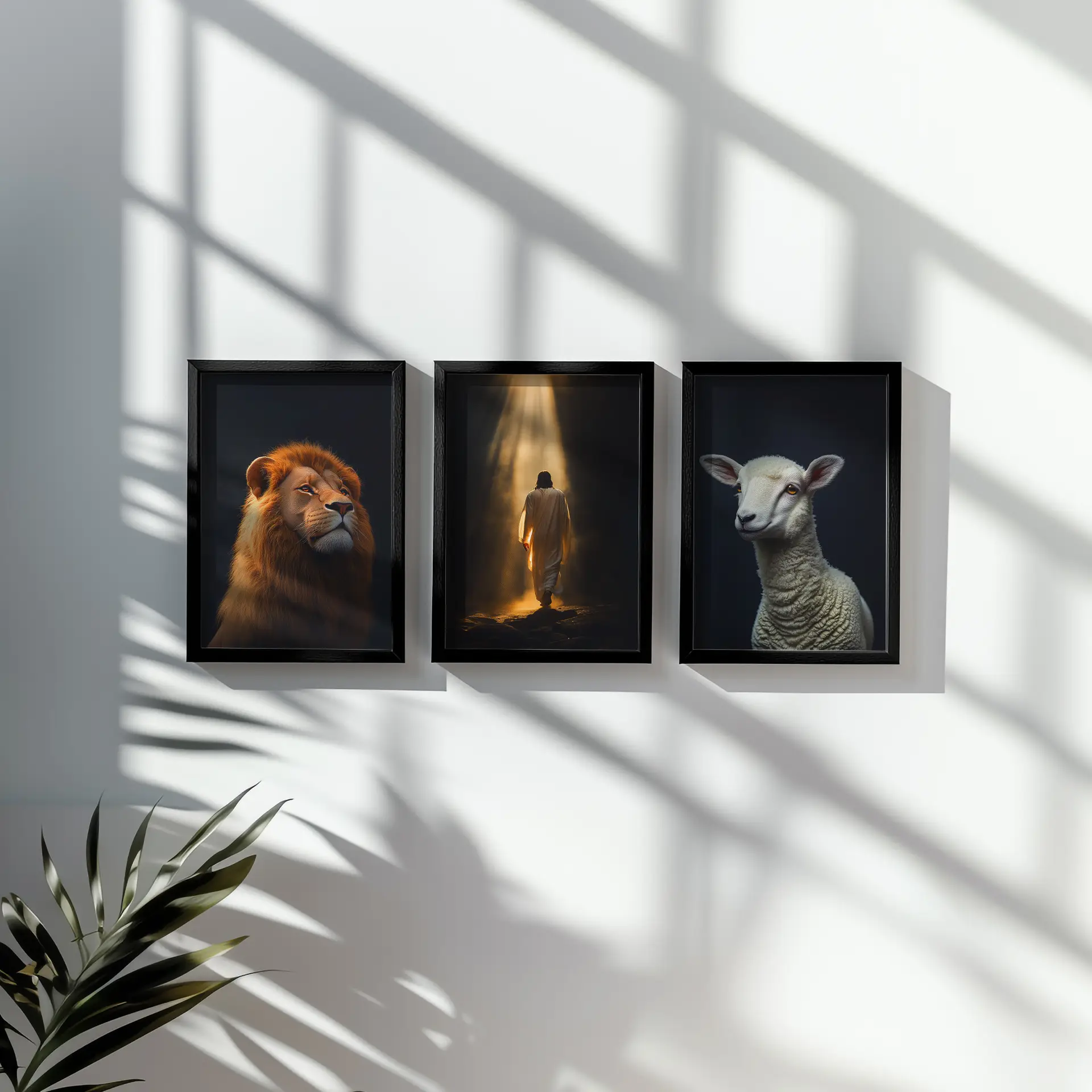 Jesus the Lion and the Lamb Wall Art hung on the white wall