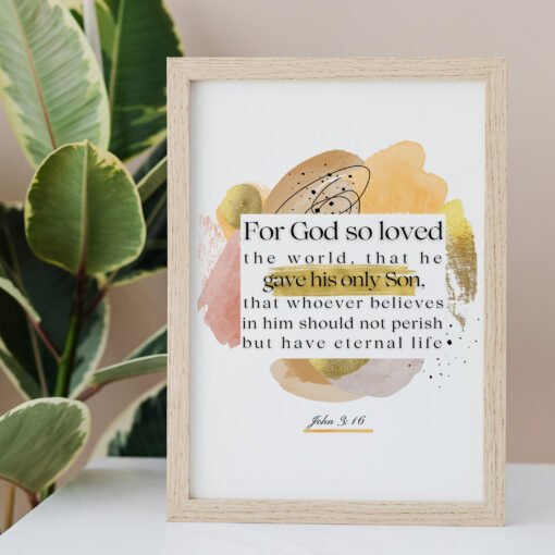 John 3:16 Wall Art in a beige frame, palm tree next to it