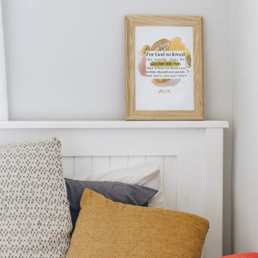 John 3:16 Wall Art in a white bedroom above a white bedframe