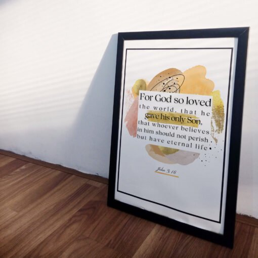 side view of John 3:16 Wall Art in a black frame