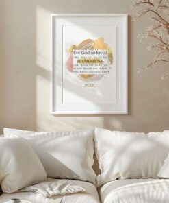 John 3:16 Wall Art in a white frame above a white sofa
