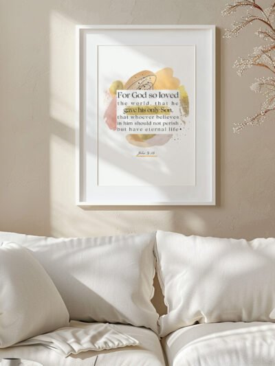 John 3:16 Wall Art in a white frame above a white sofa