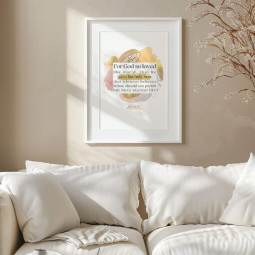 John 3:16 Wall Art in a white frame above a white sofa