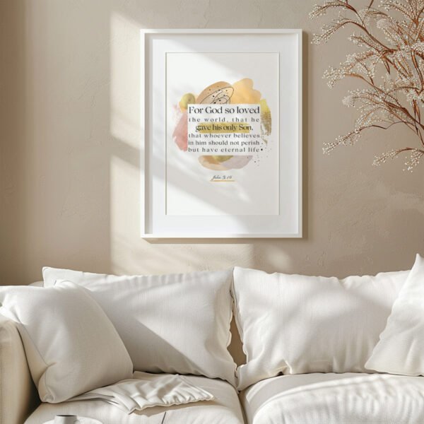 John 3:16 Wall Art in a white frame above a white sofa