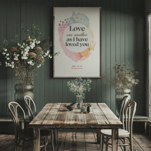 Love One Another Wall Art hung on the kitchen wall above a gray table