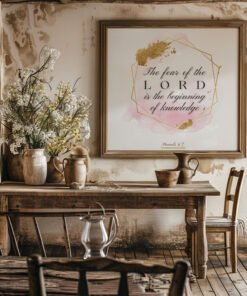 Proverbs 17 Biblical Wall Art hung in the rusty kitchen above a wooden table