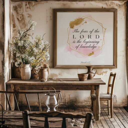 Proverbs 17 Biblical Wall Art hung in the rusty kitchen above a wooden table