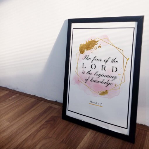 side view of Proverbs 17 Biblical Wall Art in a black frame