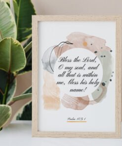 Psalm 103 Wall Art in a beigre frame, palm leaves next to it