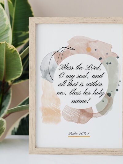 Psalm 103 Wall Art in a beigre frame, palm leaves next to it
